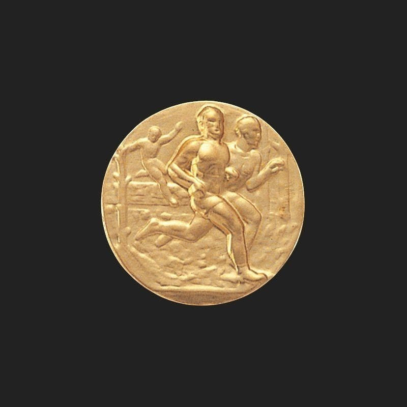 Metal Stickems 1-inch gold-tone embossed metal sticker featuring a detailed raised relief design of runners in motion.