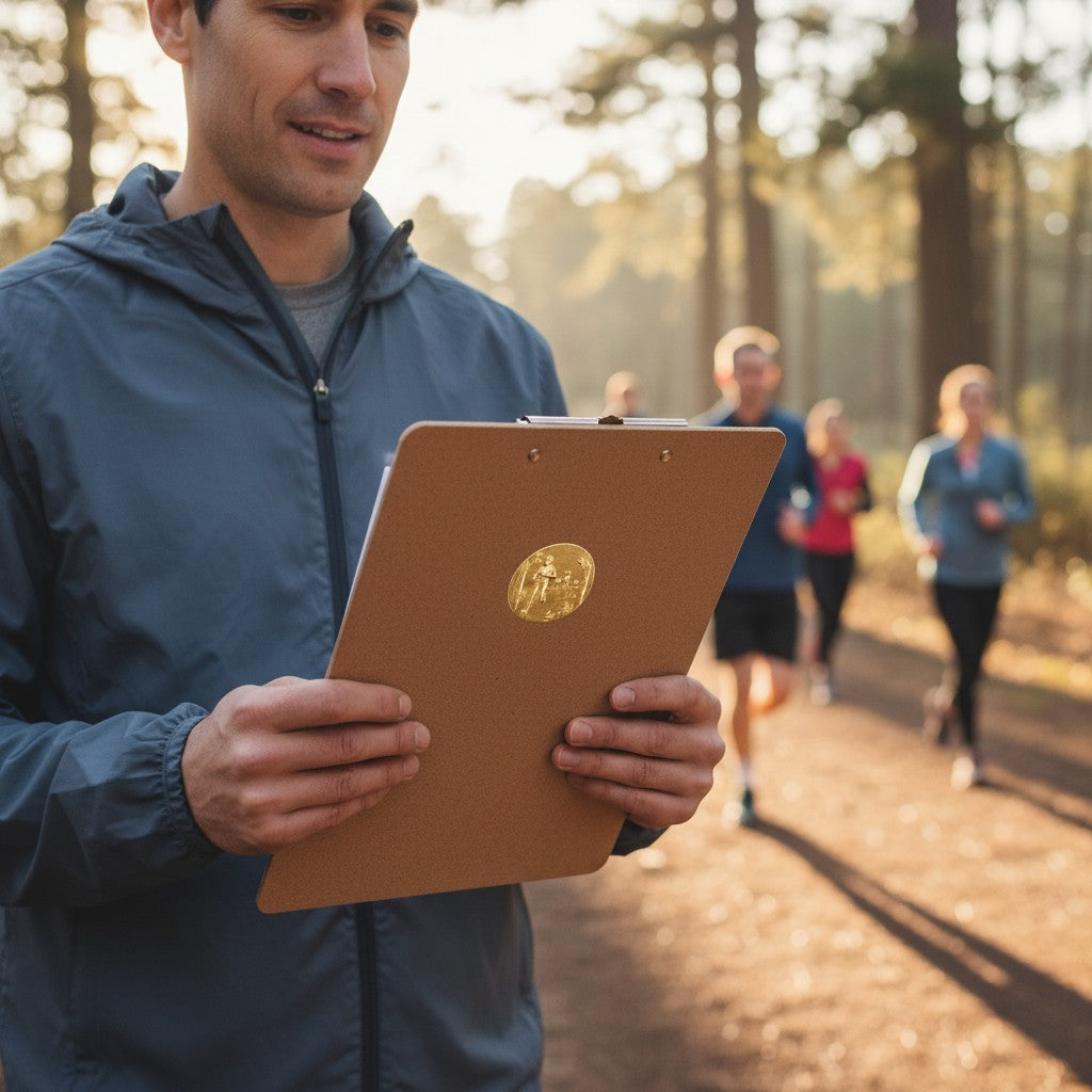 Metal Stickems gold-toned embossed runner sticker attached to a clipboard held by a coach in a park with runners