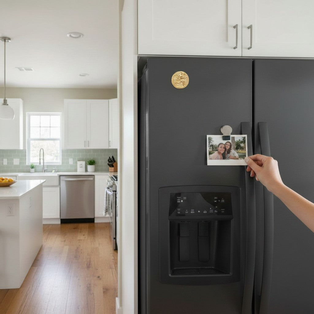 Metal Stickems gold embossed cross country runner sticker applied to a black refrigerator in a modern kitchen