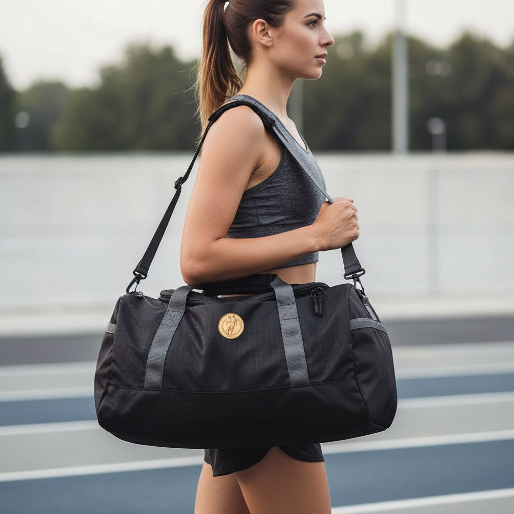 Metal Stickems gold running achievement medal sticker applied to a black athletic duffel bag carried by a runner