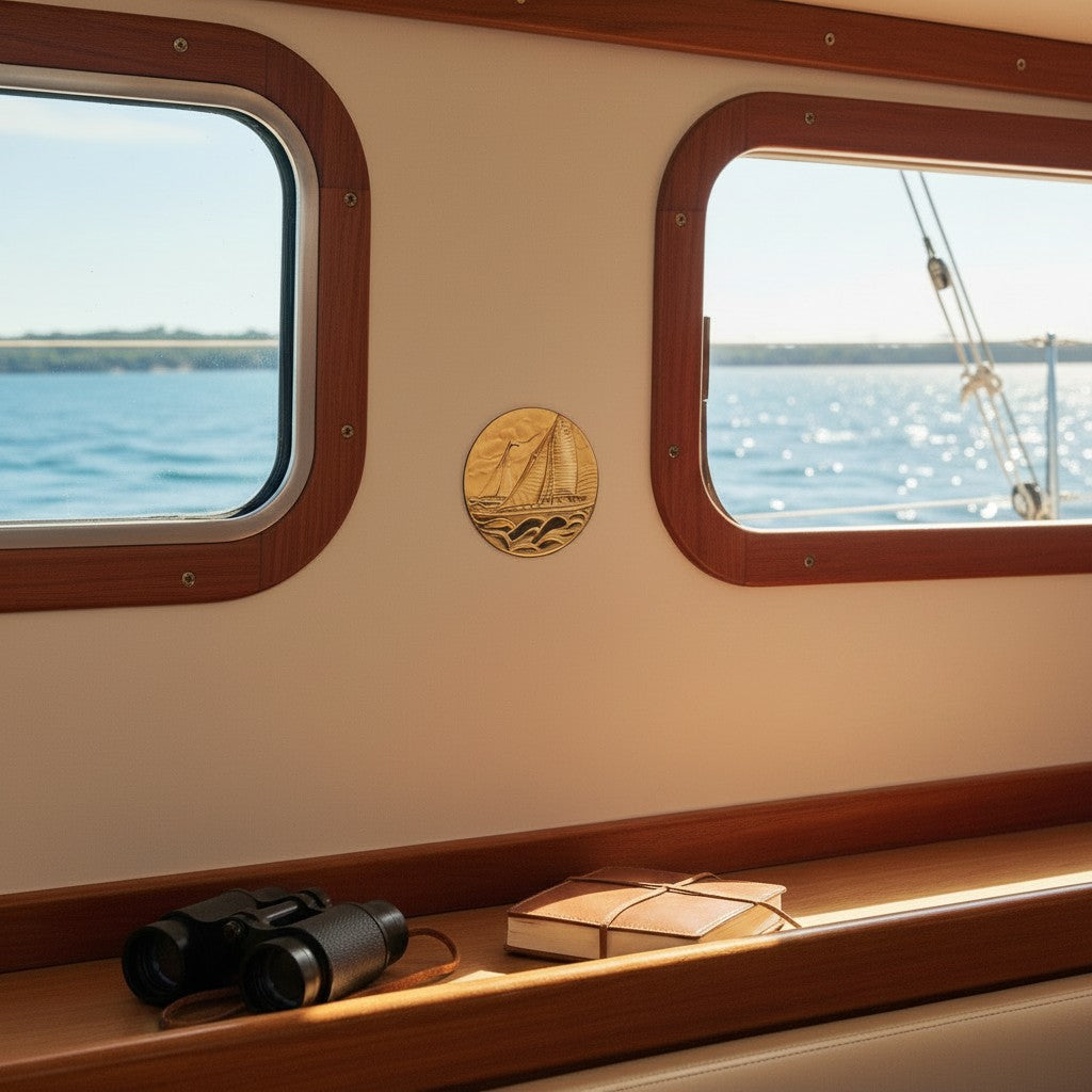 Metal Stickems gold embossed sailboat sticker applied to a boat interior wall between two porthole windows.