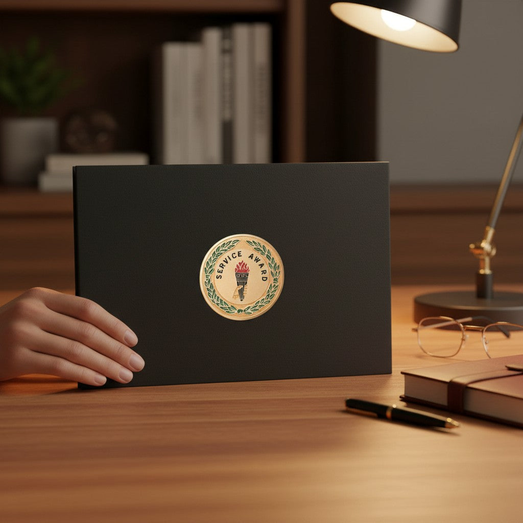 Metal Stickems 2-inch gold service award sticker with torch and laurel wreath design on a black folder on a desk.