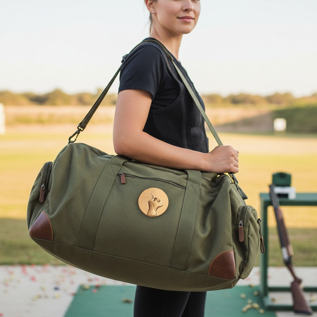 Metal Stickems gold-tone skeet shooting metal emblem sticker applied to an olive green canvas duffel bag at a shooting range