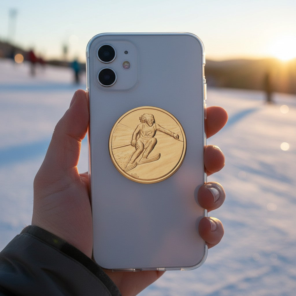 Metal Stickems gold-toned alpine skier metal sticker applied to the back of a white smartphone against a snowy backdrop