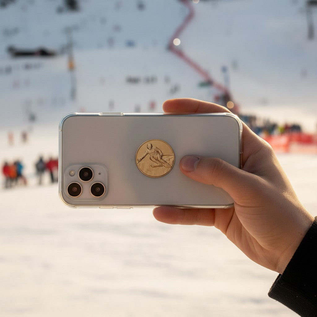 Metal Stickems gold skier emblem sticker applied to the back of a smartphone with a snowy ski slope background.
