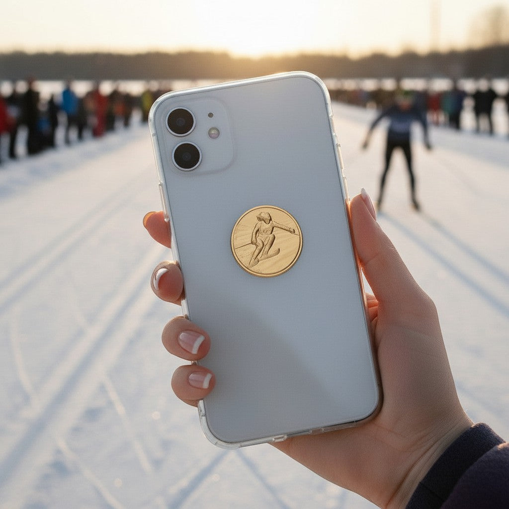 Metal Stickems gold embossed skier metal sticker applied to a smartphone case with a snowy ski track background.