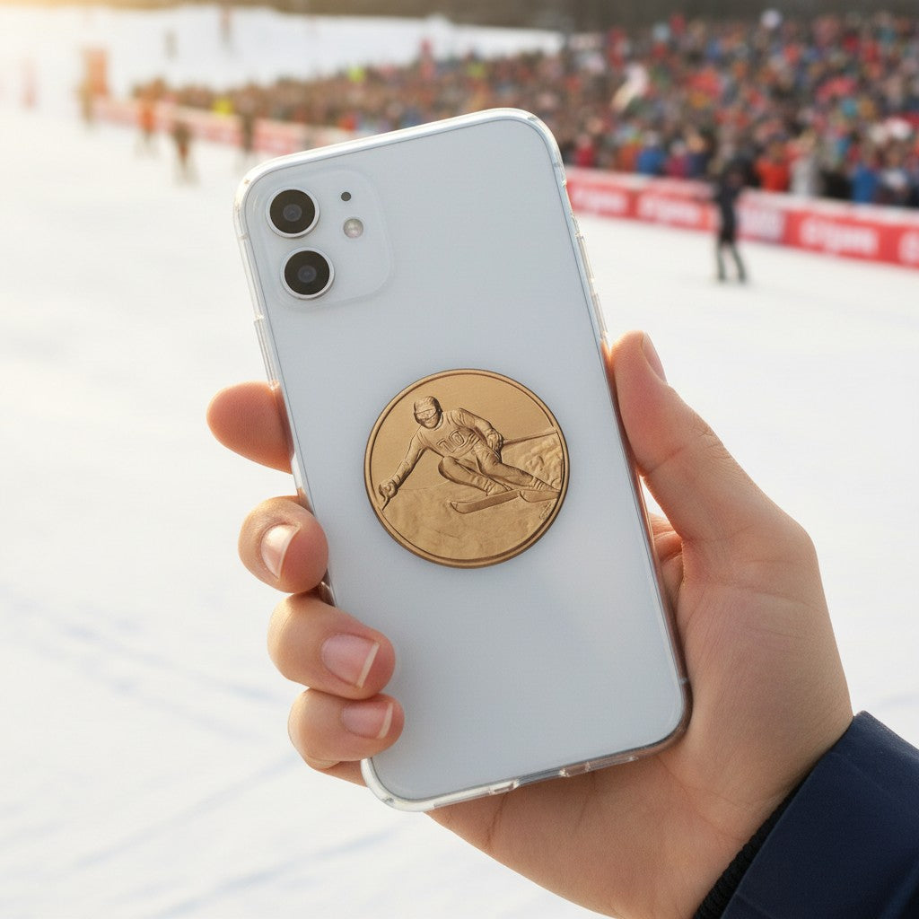 Metal Stickems gold metal skiing athlete sticker applied to the back of a white smartphone held in a hand.