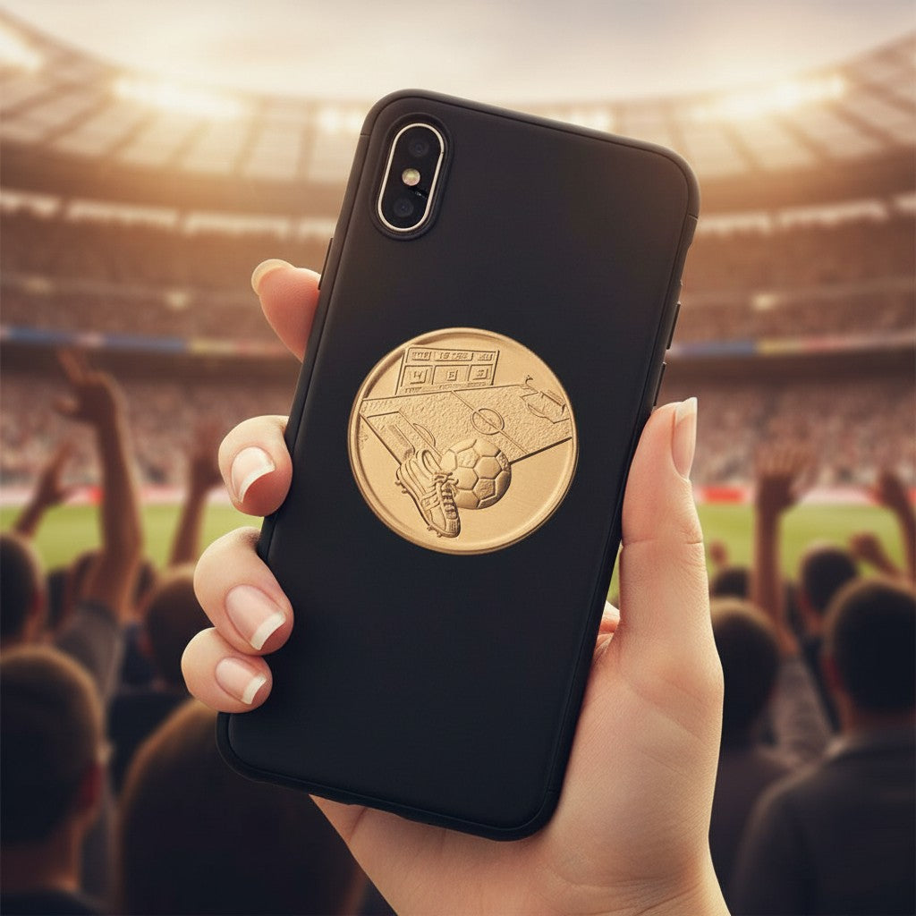 Metal Stickems gold soccer field sticker applied to a black smartphone case in a crowded stadium setting.