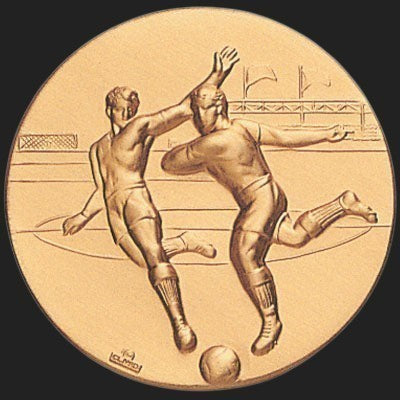 Metal Stickems 2-inch gold-toned adhesive emblem featuring a high-relief embossed design of two soccer players.