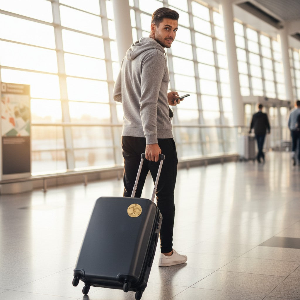 Metal Stickems gold soccer player emblem sticker applied to a black suitcase held by a man in an airport terminal.