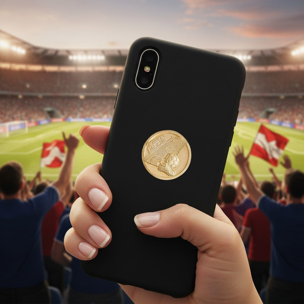 Metal Stickems gold soccer field emblem sticker applied to a black smartphone case in a stadium setting.