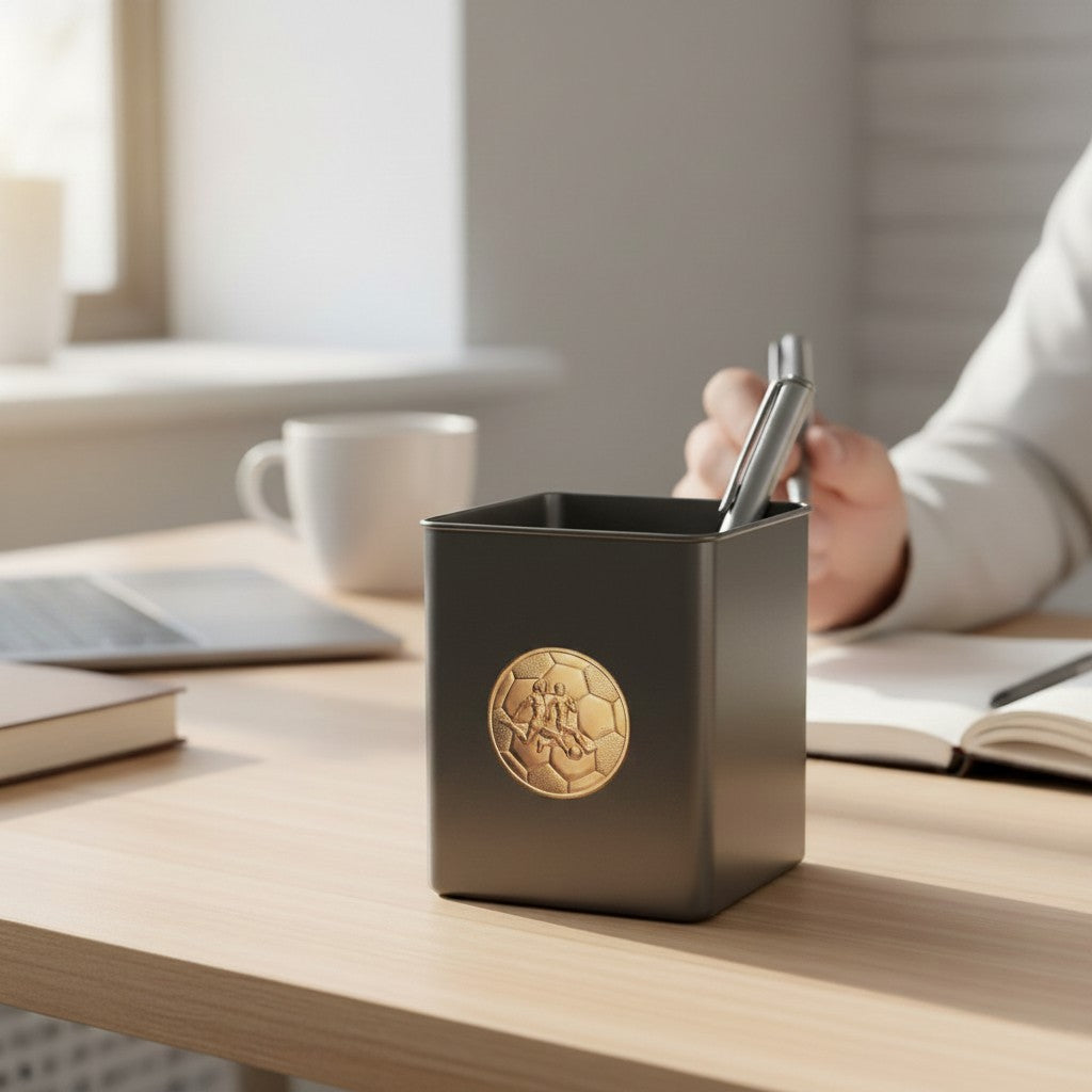Metal Stickems embossed gold soccer player sticker on a black desk pen holder in a bright office workspace