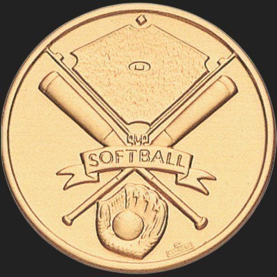 Metal Stickems 2-inch gold-tone softball emblem with embossed field, crossed bats, and glove design.