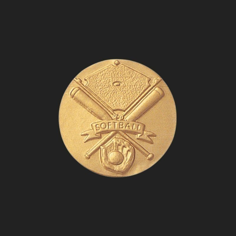 Metal Stickems 1-inch gold metal softball sticker featuring an embossed diamond, crossed bats, and glove design.