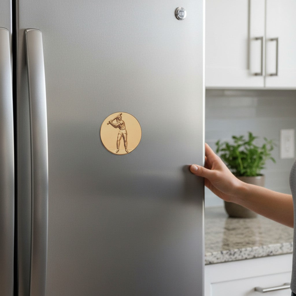 Metal Stickems gold embossed softball player sticker applied to a stainless steel refrigerator door.