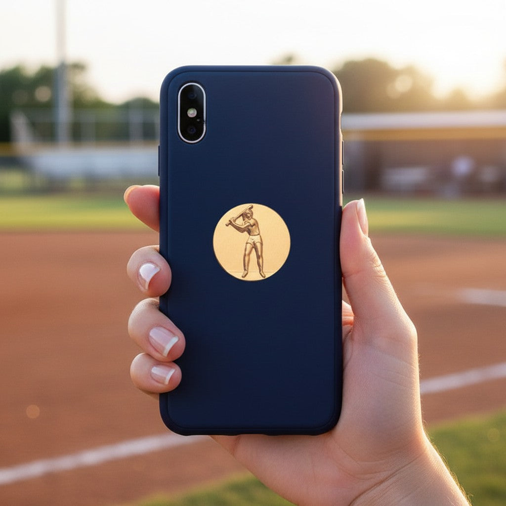 Metal Stickems gold softball player metal sticker applied to a navy blue smartphone case on a softball field background.