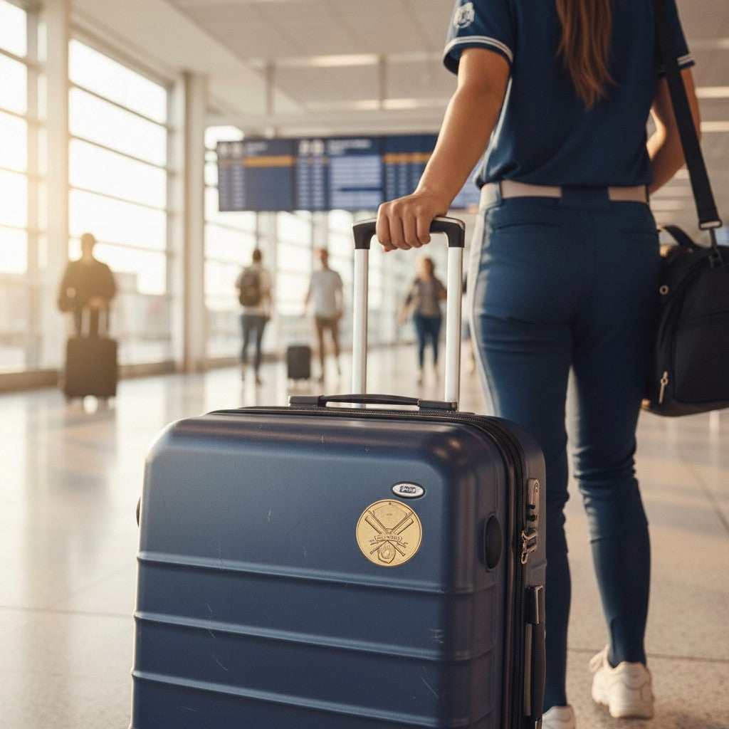 Metal Stickems gold softball emblem sticker applied to a navy blue rolling suitcase in an airport terminal.
