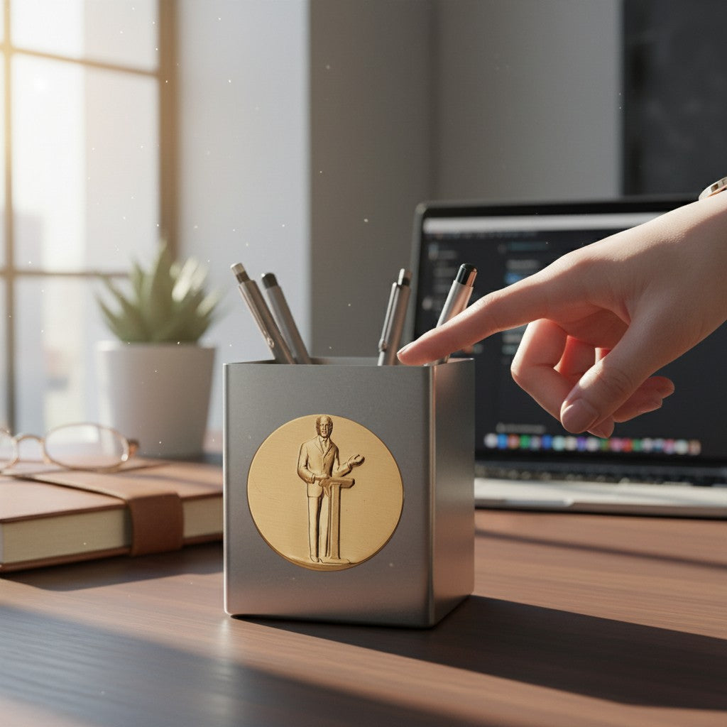 Metal Stickems gold speaker podium adhesive metal sticker applied to a silver desk pen holder in a professional office.