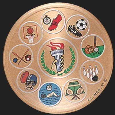 Metal Stickems 2-inch gold-toned metal sticker featuring a central torch emblem and various sports icons.