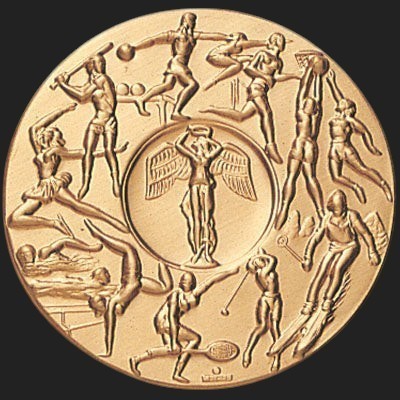Metal Stickems 2-inch gold-toned metal sticker featuring an intricate relief design of various sports and a winged figure.