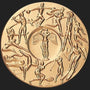 Metal Stickems 2-inch gold-toned metal sticker featuring an intricate relief design of various sports and a winged figure.