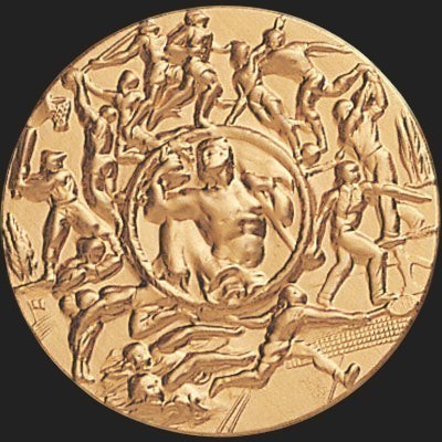 Metal Stickems 2-inch gold-tone embossed metal sticker featuring high-relief athletic figures in action.