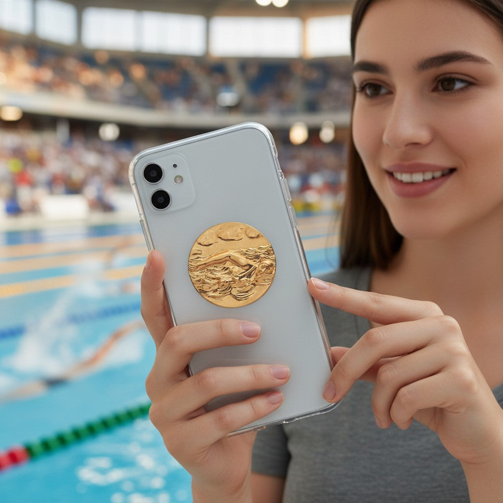 Metal Stickems gold swimming athlete medallion sticker applied to the back of a smartphone held by a smiling woman