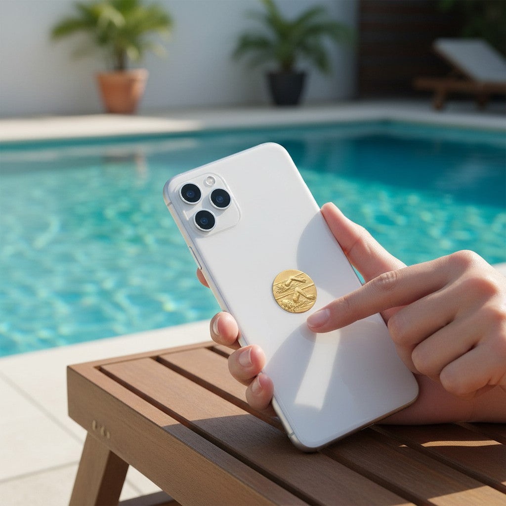 Metal Stickems gold embossed swimmer sticker applied to the back of a white smartphone by a pool.
