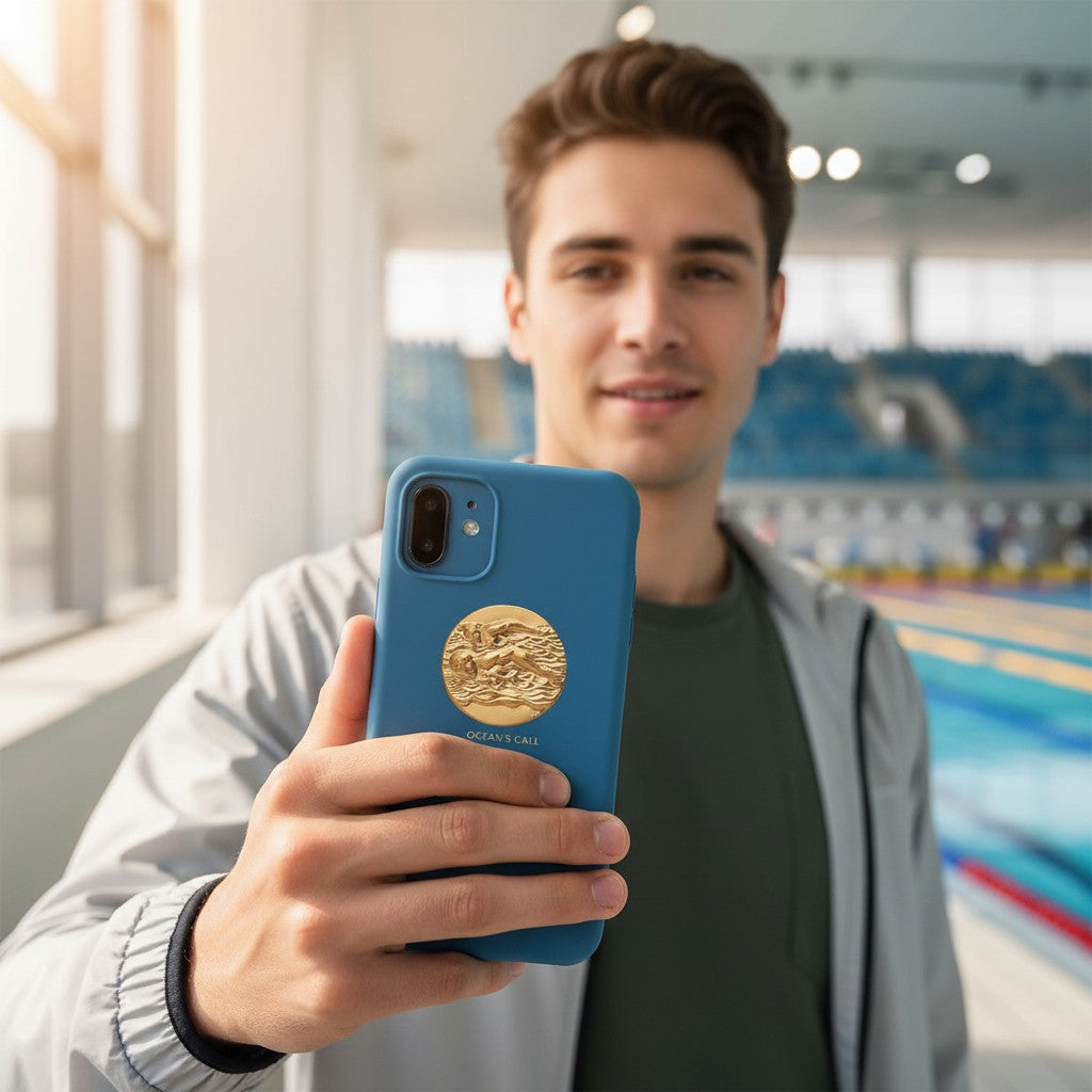 Metal Stickems gold-tone adhesive swimming medallion sticker applied to a blue smartphone case held by a young man.