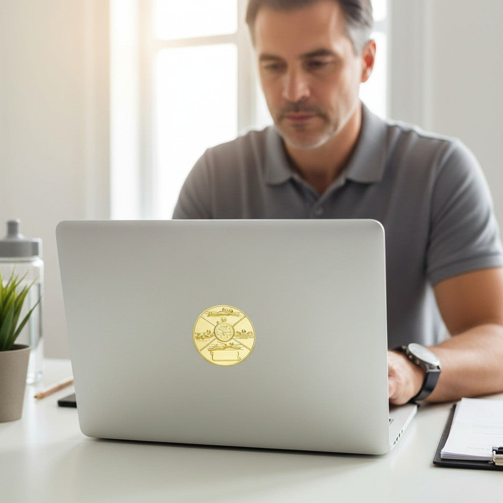Metal Stickems 2-inch gold swimming competition emblem with swimmer and stopwatch engraving on a laptop lid