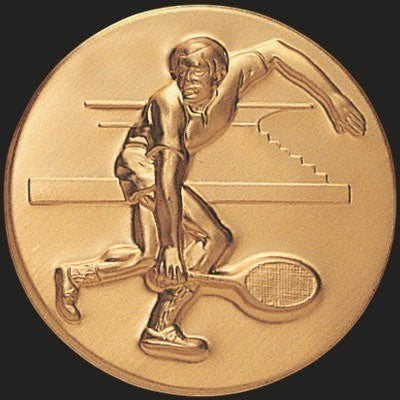Metal Stickems 2-inch gold embossed tennis player sticker with a raised relief design for gear personalization.