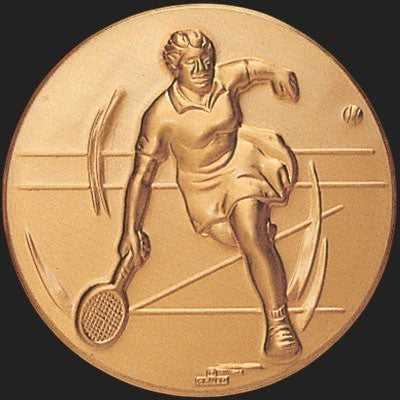 Metal Stickems 2-inch gold embossed tennis player sticker with a raised relief design for sports gear and trophies.