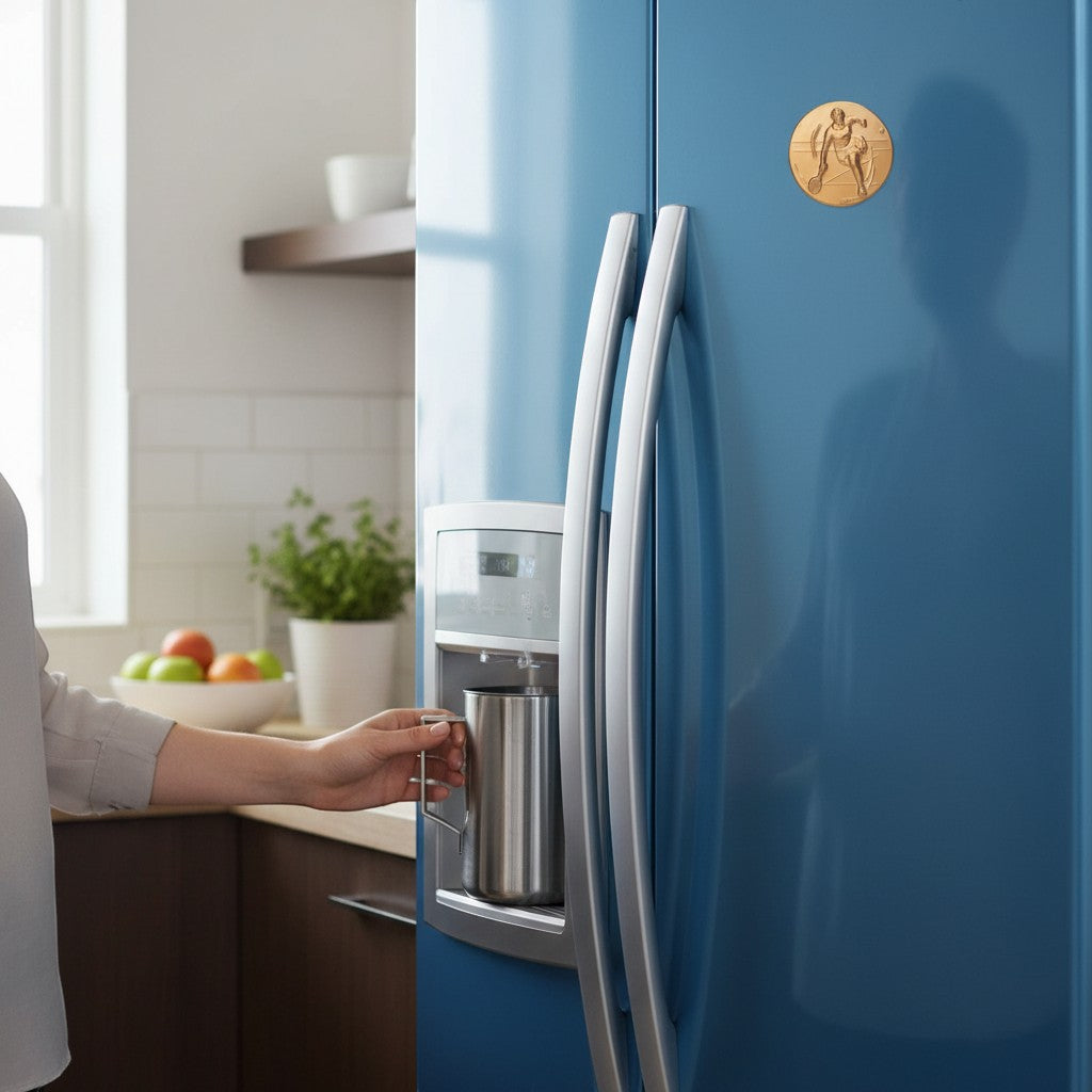 Metal Stickems 2-inch gold embossed tennis player sticker applied to a blue refrigerator door in a kitchen.