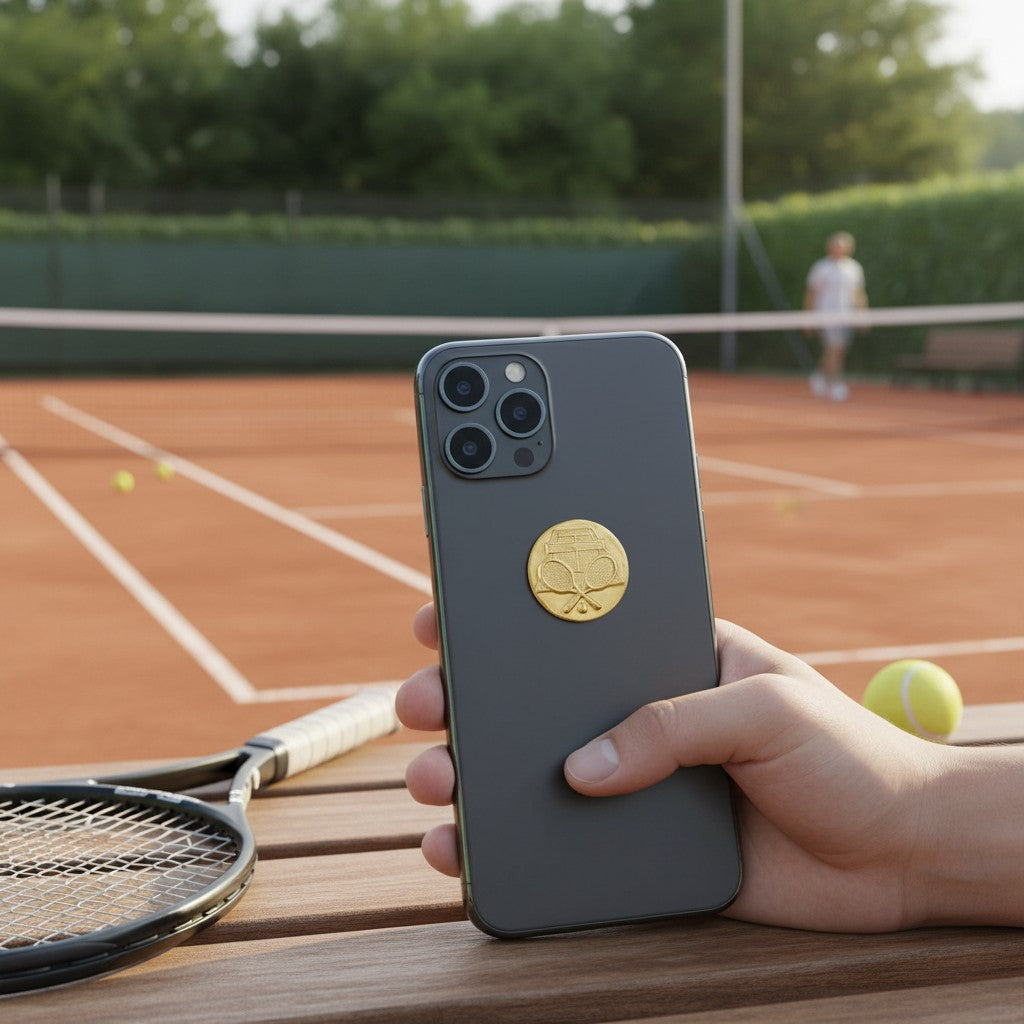Metal Stickems gold tennis court emblem sticker applied to the back of a smartphone on a tennis court background.
