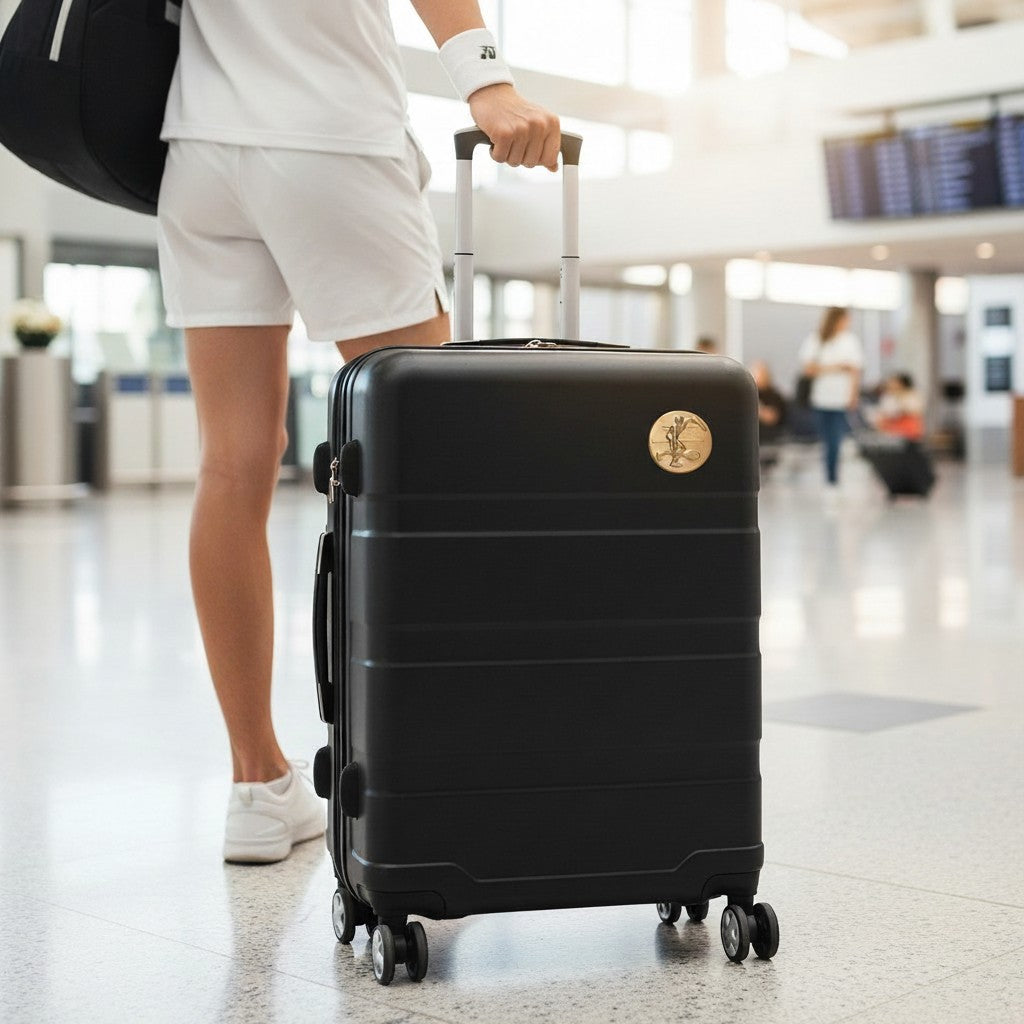 Metal Stickems gold tennis player embossed metal sticker applied to a black suitcase in an airport terminal.