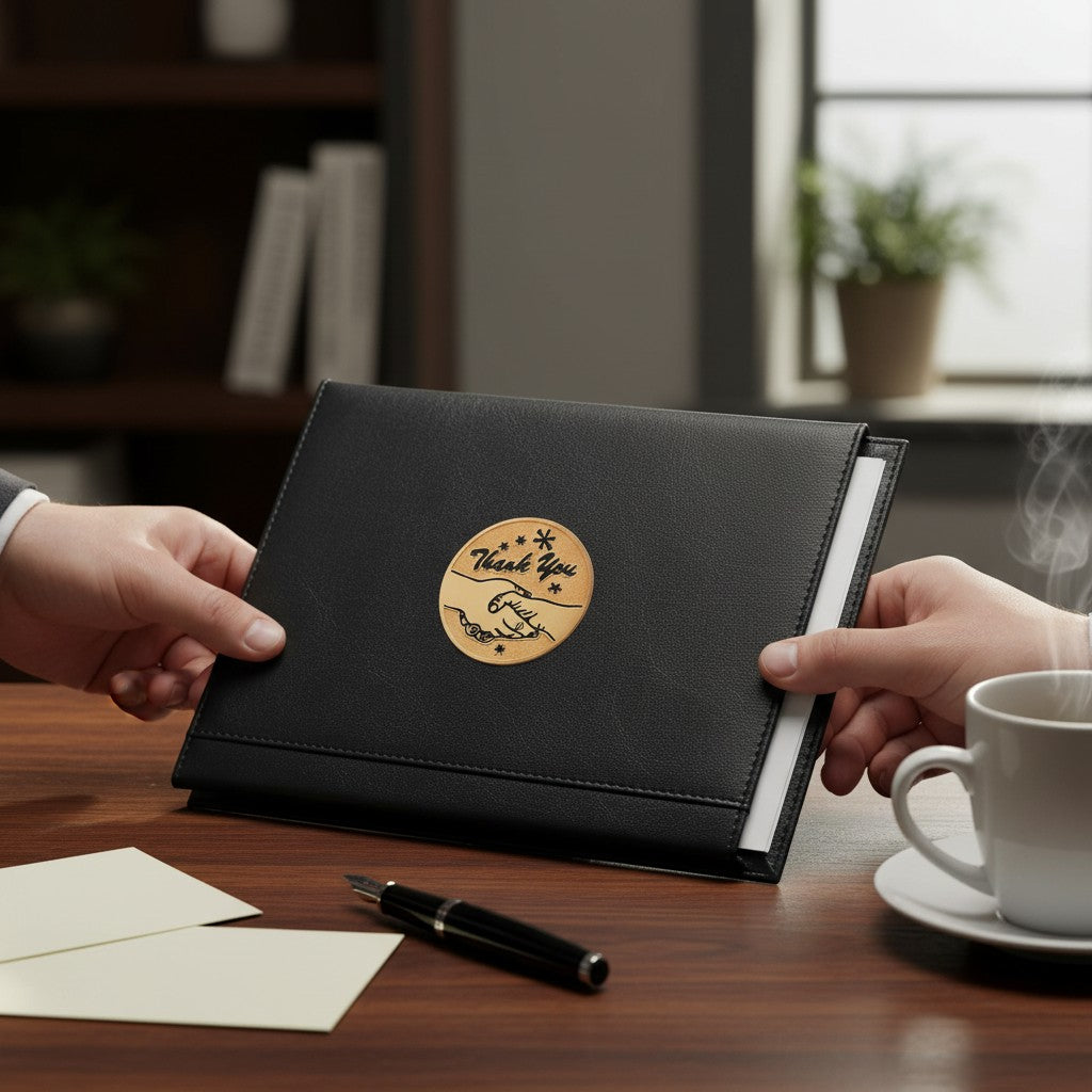 Metal Stickems 2-inch round gold metal sticker with a handshake design on a black leather folder held by two people.