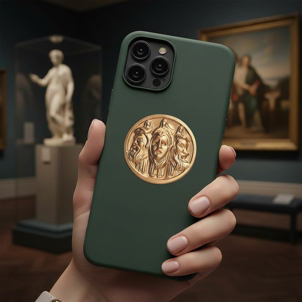 Metal Stickems gold classical theater mask metal sticker applied to a dark green smartphone case