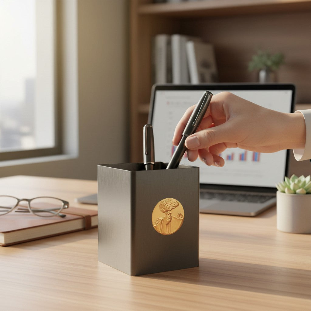 Metal Stickems gold-tone circular torch emblem sticker applied to a black desk pen holder in a modern office setting.