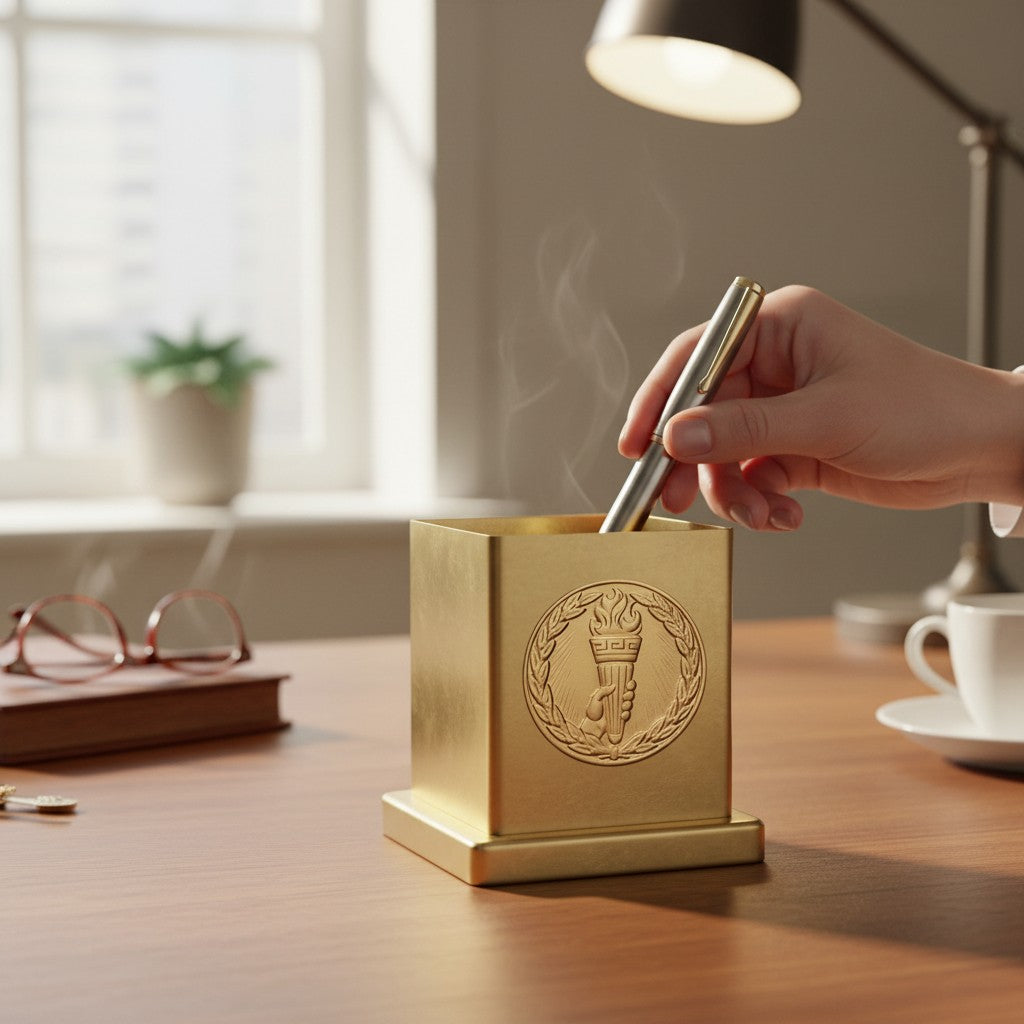 Metal Stickems 2-inch gold torch emblem sticker applied to a square desk pen holder with a hand holding a pen