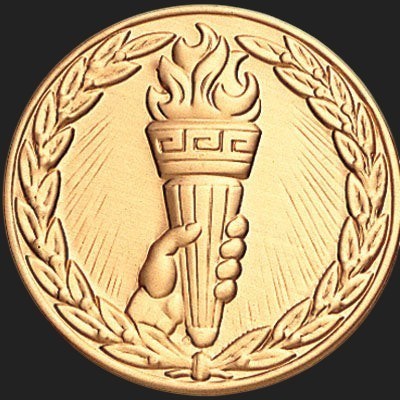 Metal Stickems 2-inch gold metallic sticker featuring an embossed torch and laurel wreath design.