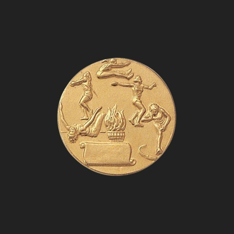 Metal Stickems gold embossed metal sticker featuring male track and field athletes and a flame design.