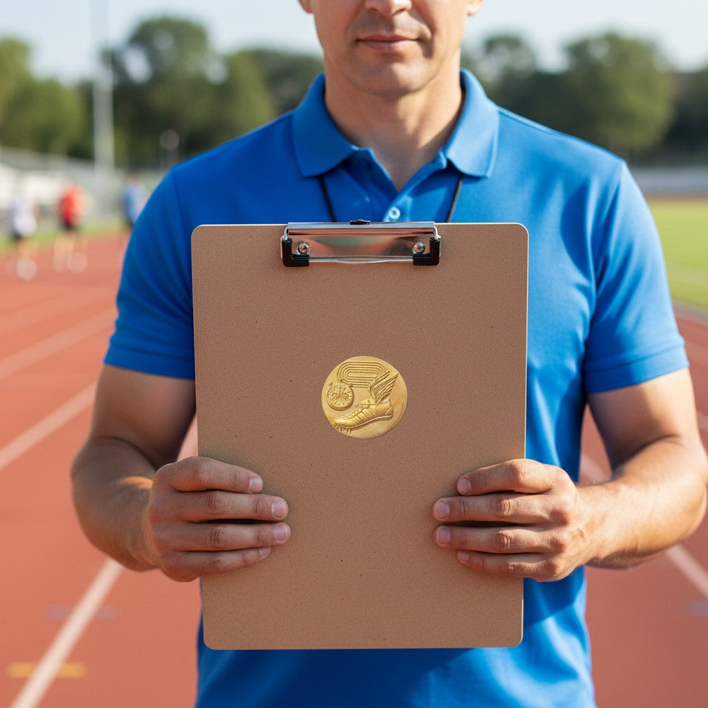 Metal Stickems gold track and field achievement sticker on a clipboard held by a coach at a running track.