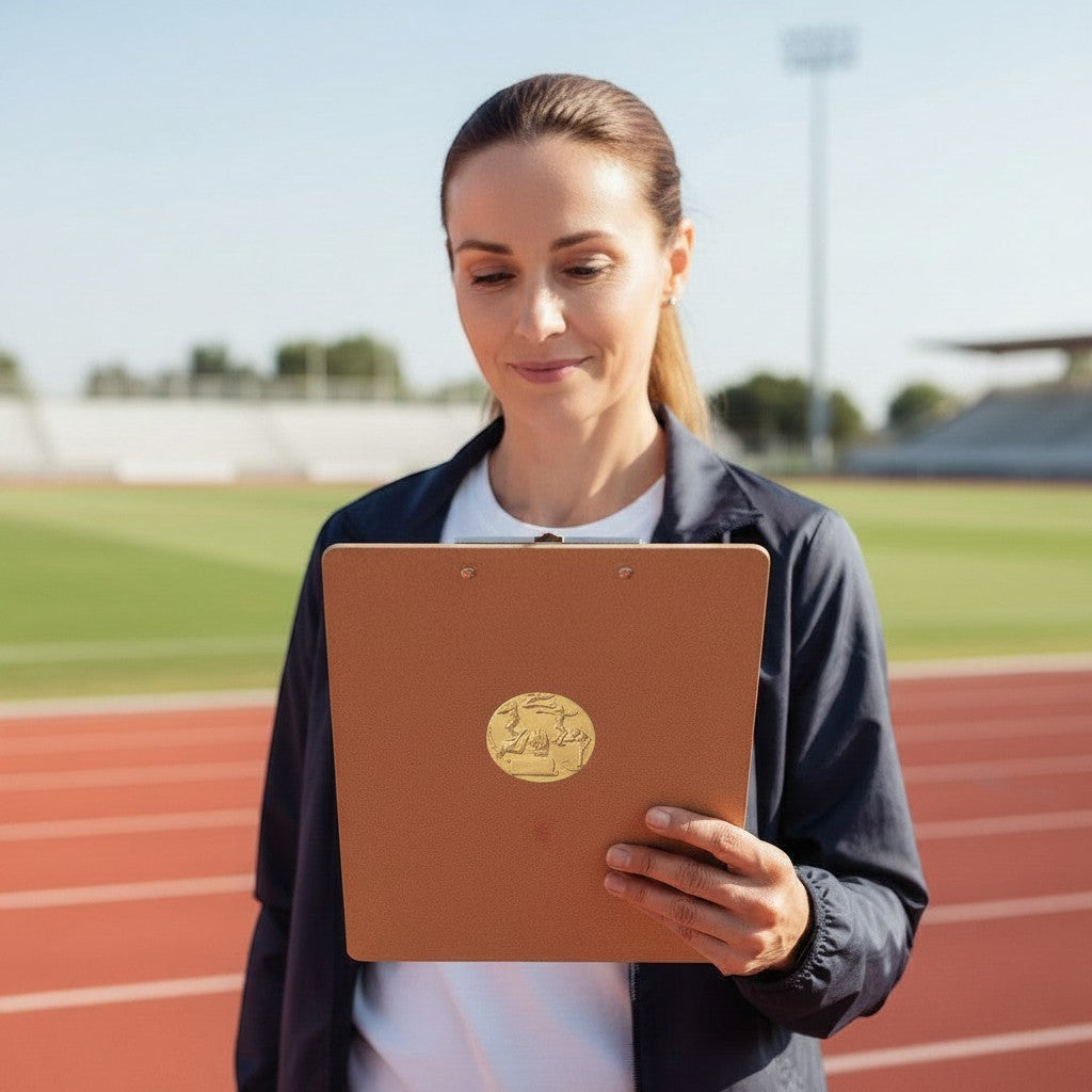 Metal Stickems gold-toned track competition sticker on a clipboard held by a woman at a track and field stadium.
