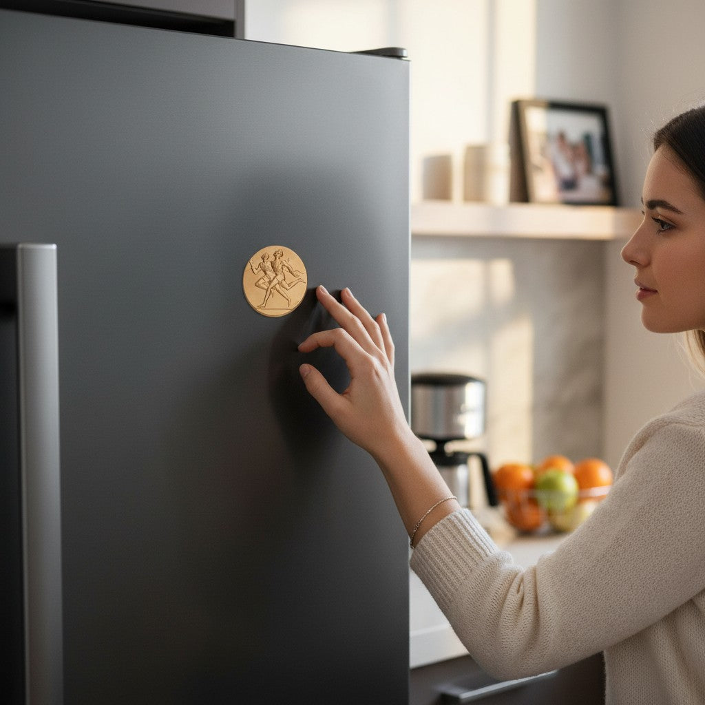 Metal Stickems 2-inch gold metallic track runner sticker applied to a black refrigerator door