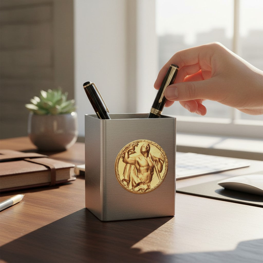 Metal Stickems 2-inch gold-toned metal adhesive emblem featuring a male victory figure on a brushed metal pen holder.