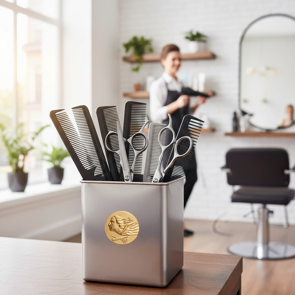 Metal Stickems gold-toned winged goddess hair stylist metal sticker applied to a silver salon tool container.