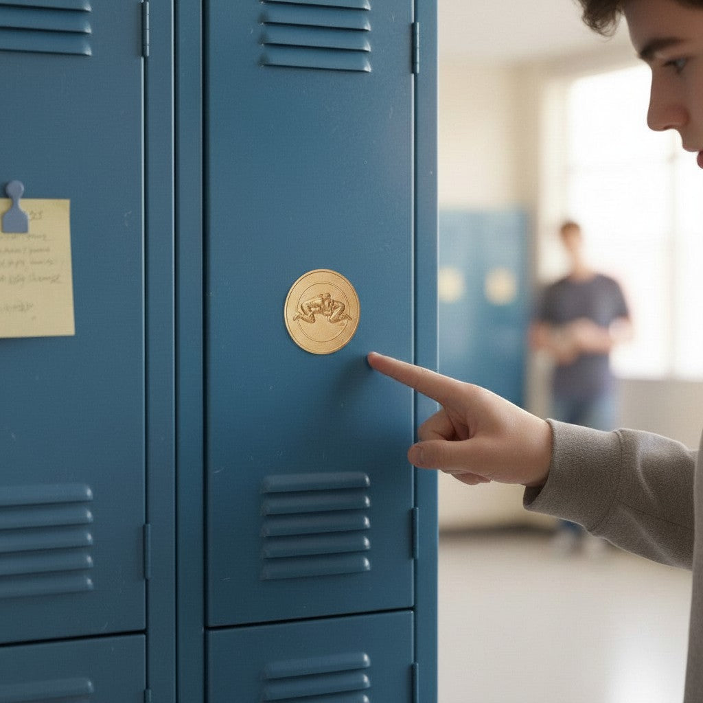 Metal Stickems gold wrestling emblem sticker applied to a blue school locker, featuring an embossed wrestling design.