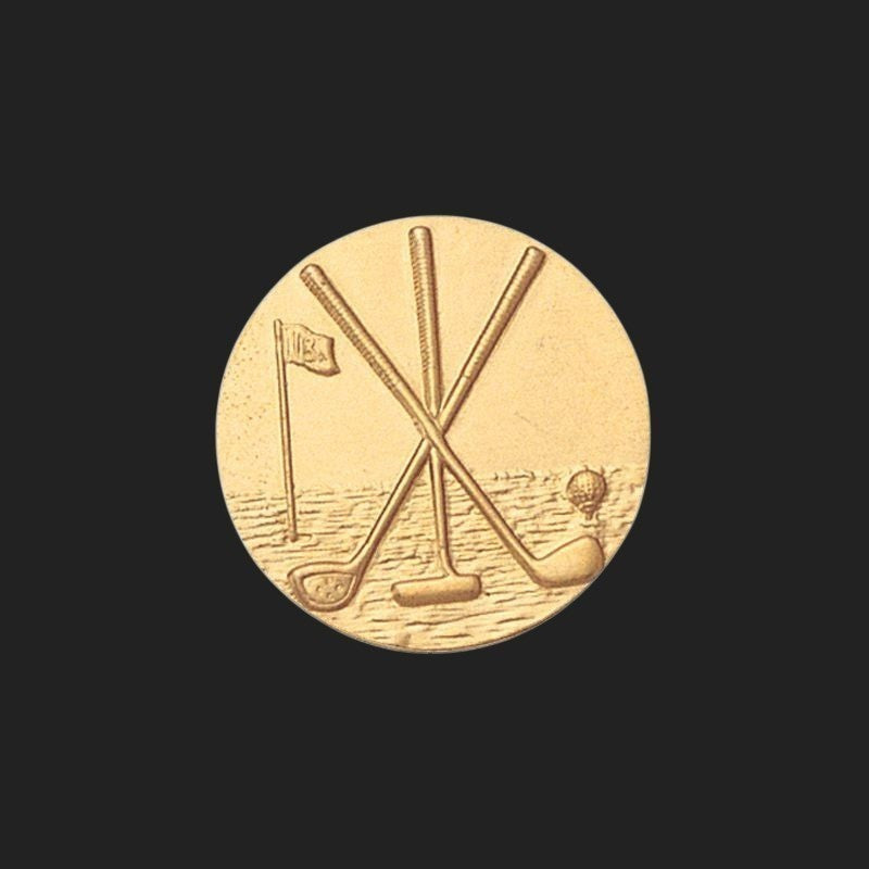 Metal Stickems 1-inch gold-toned metal sticker featuring an embossed golf club, putter, and flag design.