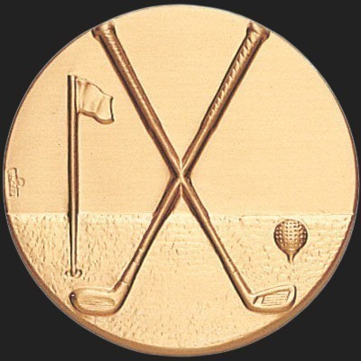 Metal Stickems 2-inch gold-tone adhesive sticker featuring an embossed golf club, flag, and ball design.
