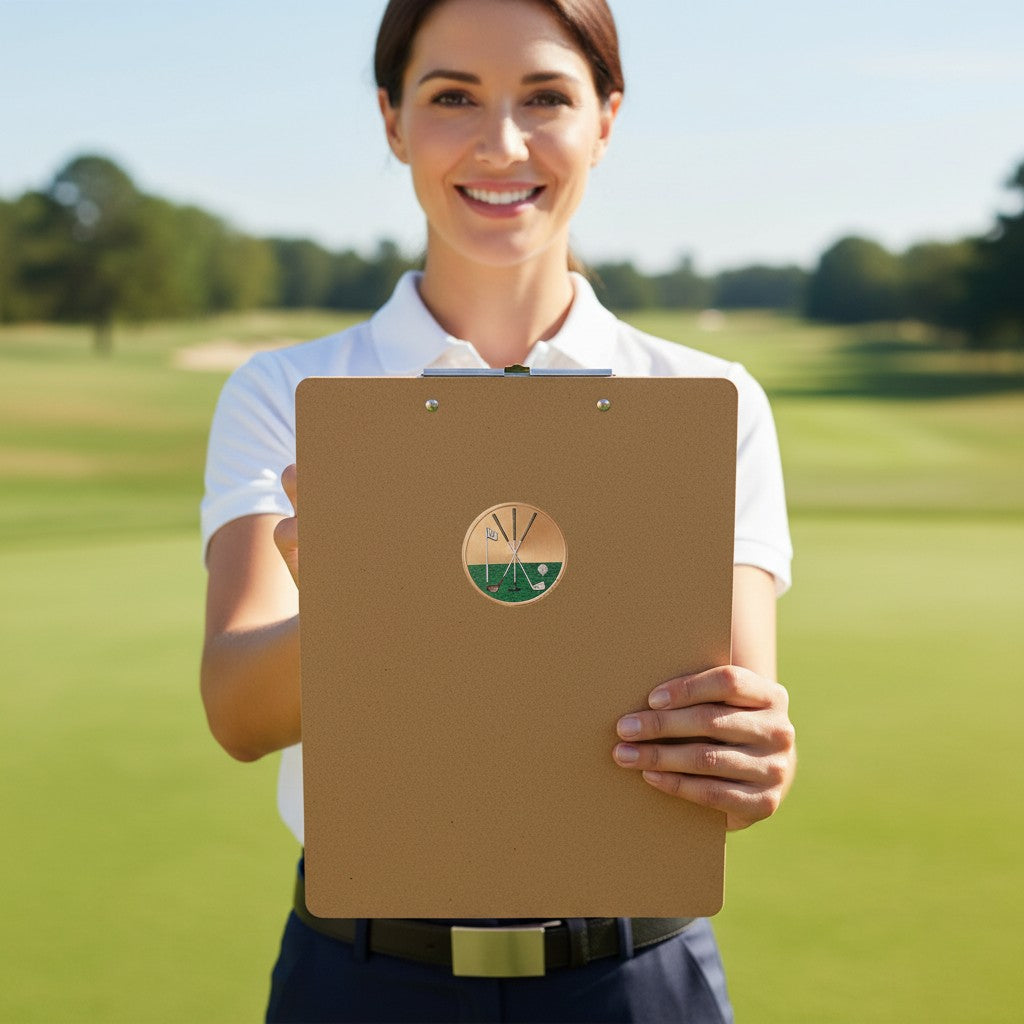 Metal Stickems golf emblem sticker featuring crossed clubs and a flag on a clipboard held by a woman on a golf course.